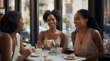 A joyful group of stylishly dressed black women black women smiling and enjoying coffee and desserts around a table at a high end French patisserie in New York