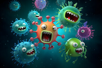 Canvas Print - funny illustration of bacteria and virus characters