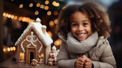 Wall Mural - Little black girl smiling next to a gingerbread house