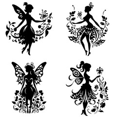 fairy silhouette, fairy png, fairy svg, fairy vector, vector, floral, flower, design, illustration, tattoo, pattern, decoration, art, black, lion, silhouette, element, leaf, frame, plant, ornament, tr