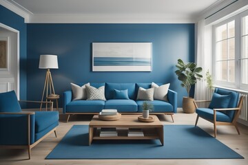 Wall Mural - Modern interior design of living room. Blue sofa, and wooden coffee tables over blue wall with copy space