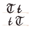 Letter T logo. Medieval script type. Original and regular calligraphy. Middle Ages Gothic set. Vintage blackletter Germanic font for fairytale, Fraktur headline, oldschool header, heraldry manuscript.