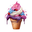 Melting swirled pink, purple, white and blue ice cream in a cone with fruit toppings.