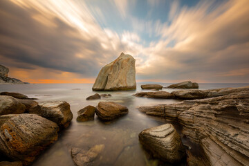 Wall Mural - Long exposure photograph in the field of sail rocks in Foca district of Izmir province.