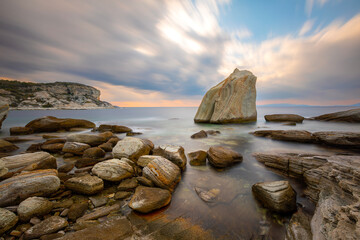 Wall Mural - Long exposure photograph in the field of sail rocks in Foca district of Izmir province.