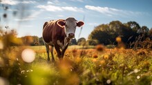 A Brown And White Cow Standing On Top Of A Lush Green Field