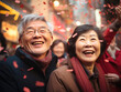 smiling Chinese old couple on the street background, lunar spring festival
