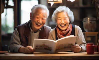 smiling Chinese old couple at home, lunar spring festival