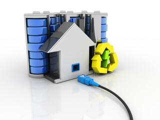 Poster - 3d rendering Network connection, internet communication and computer technology concept, closeup view of curved ethernet cable plug connector connected house near battery
