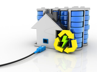 Poster - 3d rendering Network connection, internet communication and computer technology concept, closeup view of curved ethernet cable plug connector connected house near battery
