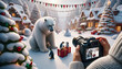 Photographers hands holding a camera and taking pictures of a big polar bear with playful penguins in Christmas decorated village, created using Ai generative tools. 