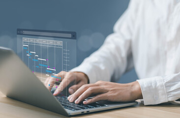 Fototapete - businessman work update and workflow, schedule plan management shows a timeline Gantt chart in technology online. concept manage milestones, project planner software, appointment staff of business