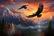 Eagle In The Sky. Eagle Flying In The Sunset Over The Mountain