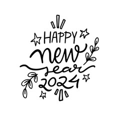 Wall Mural - Happy New Year 2024 handwritten black color lettering phrase calligraphy style.