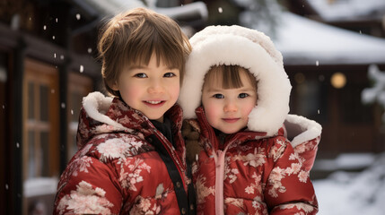 Smiling kids with Chinese new year traditional clothing, lunar spring festival