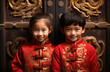 Smiling kids with Chinese new year traditional clothing, lunar spring festival