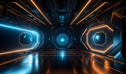 dark futuristic space tunnel corridor with glowing neon lights 3d rendering wallpaper background