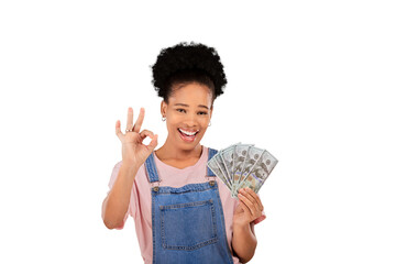 Sticker - Ok, happy woman and winner in portrait for money, bonus or lottery for cash prize. Black person, smile and hand gesture on isolated or transparent png background with dollar, investing or competition