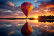 illustration of a hot air balloon over a water on sunset. Created with Generative AI