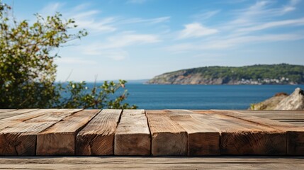 Poster - Empty round pedestal wooden on the beach at sunset background