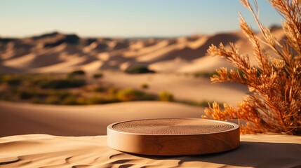 Canvas Print - Wooden round podium on sand dune with blurred the beach background