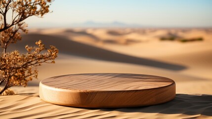 Sticker - Wooden round podium on sand dune with blurred the beach background