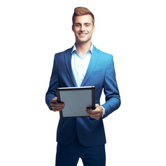 smiling young man in blue suit holding a digital tablet on isolated background