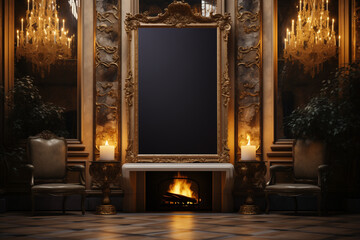 Wall Mural - luxury living room with fireplace and empty frame, for mockup