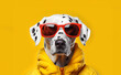 Anthropomorphic humanized Dalmatian dog with glasses and a yellow jacket on a yellow background