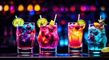 Colorful Cocktails In A Glass On The Bar Counter, Neon Lights On Dark Night Background With Lights