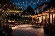 Summer evening on the patio of beautiful suburban house with lights in the garden garden, digital ai 