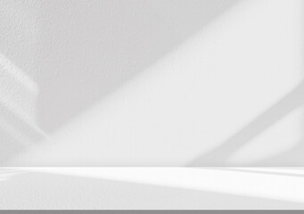 Leinwandbilder - White background,Studio Kitchen Wall Surface with Light Shadow on Podium,Empty Room Cement Texture with Sunlight on Shelf,Blank Backdrop Display Grey Concrete for Cosmetic Product in Spring,Summer