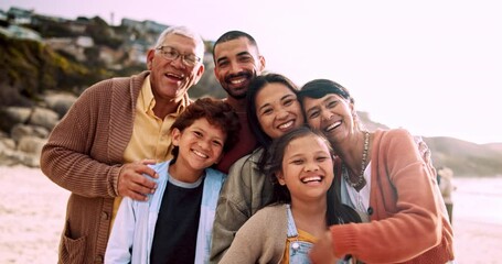 Wall Mural - Beach, smile and face of big family hugging at sunset on vacation, holiday or weekend trip. Happy, love and portrait of kids embracing with parents and grandparents by ocean or sea on tropical island