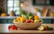 © Cagkan - Basket of fresh fruits and vegetables on wooden kitchen table.
