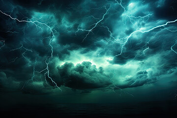 Wall Mural - Dramatic teal night sky with storm clouds, lightning, and mystery