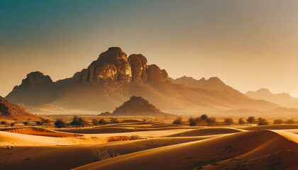 Wall Mural - desert landscape with sunset sky background, ai generated