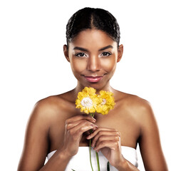 Poster - Woman, portrait and yellow flowers or natural skincare, eco friendly beauty or isolated on transparent png background. African person, cosmetics and smile or daisy plant, grooming or floral facial