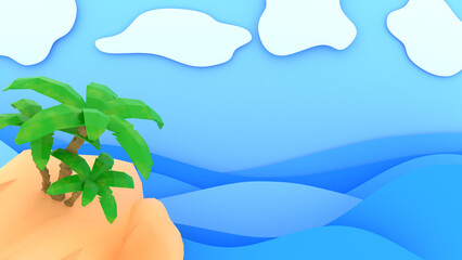 Wall Mural - sand island with palm trees, by the sea, cartoon style, 3d render