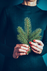 Poster - woman holding a fir branch at Christmas