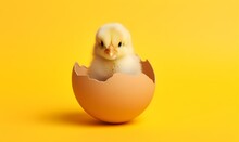 Small Yellow Chicken In A Shell On A Yellow Background, Copy Space. Generative AI