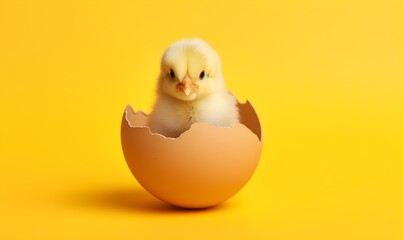 small yellow chicken in a shell on a yellow background, copy space. Generative AI