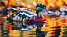 Wild Variegated Waterfowl Duck On Swamp Water Close