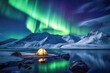 In the heart of a Scandinavian winter, the northern lights, or Aurora Borealis, dance in the night sky above a snow-covered mountain landscape