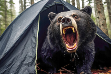 a bear unexpectedly attacking a camping site, emphasizing the unforeseen and hazardous situations th