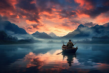 Young Woman Kayaking In Crystal Lake Background Alps Mountains, Woman Canoe With Mountains On A Lake At Sunset