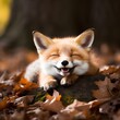 Kleiner süßer Fuchs liegt auf dem Waldboden auf Blättern / Lustige Tierwelt Poster / Natur und Tiere / Ki-Ai generiert