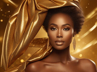 Fictitious AI Generated African American woman in gold on golden sparkling background, girl in golden dress. Luxury and premium photography for advertising product design.