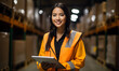 © A_visual - A candid portrait of a confident female manager. Intend to work in manager in a distribution center warehouse, The background is a distribution center warehouse atmosphere, Generative AI