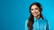 © Farid - Portrait of attractive trendy cheerful girl help desk service showing copy space isolated over bright blue color background. Made with generative ai