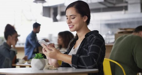 Poster - Woman, cellphone and coffee shop with face, text and breakfast in restaurant, enjoy and cafe. Portrait, positive and laughing for beverage, indoor and happiness on weekend, peaceful and morning tea